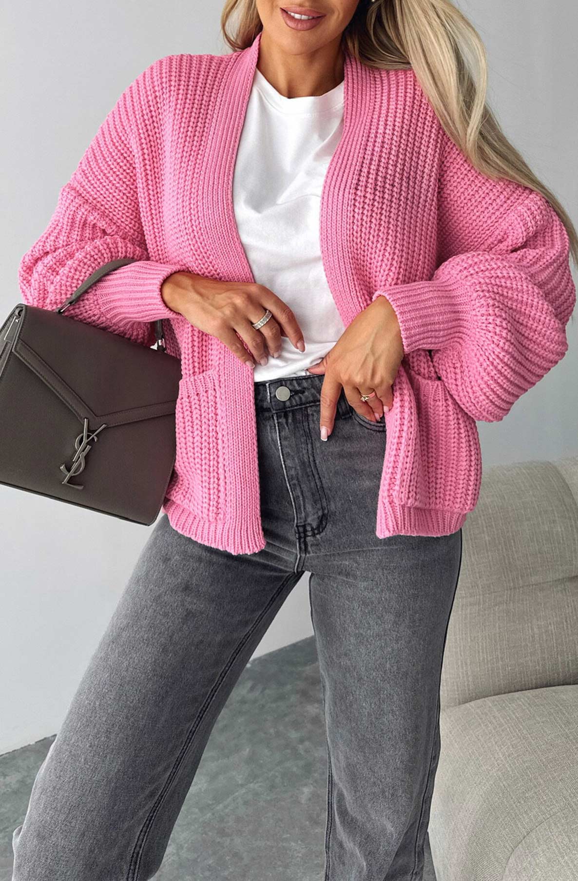 Load image into Gallery viewer, Bella Pocket Detail Knitted Cardigan-Pink
