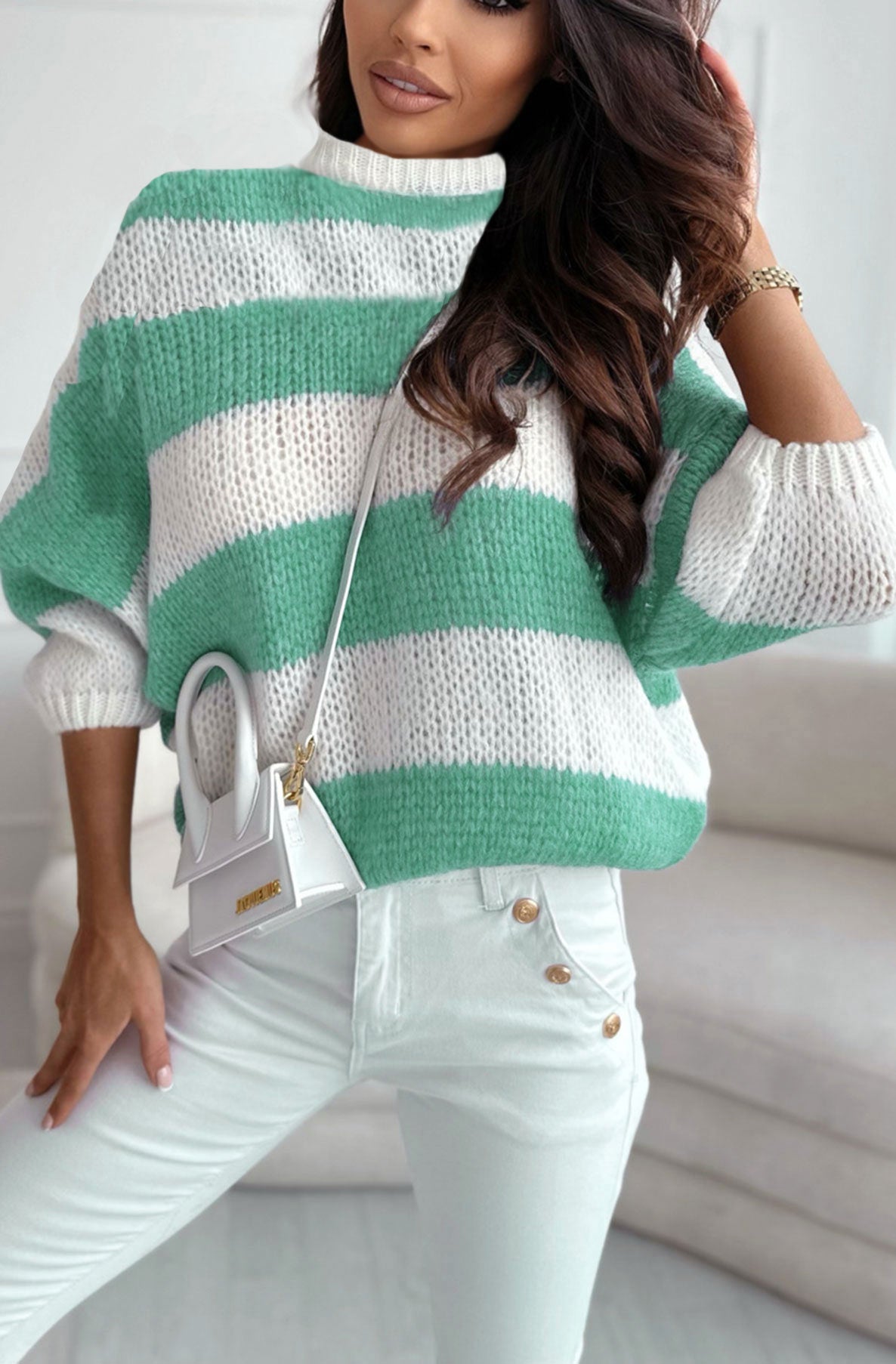 Load image into Gallery viewer, Binka Striped Knitted Jumper Sweater Top-Green

