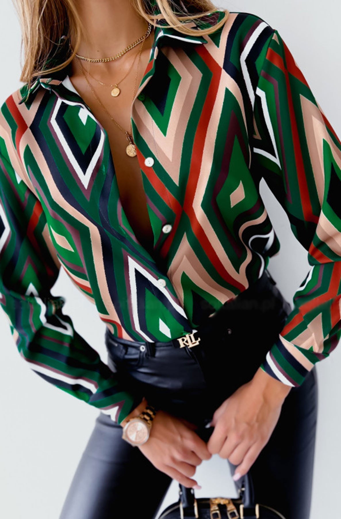 Bree Green Argyle Diamond Print Blouse Shirt Top