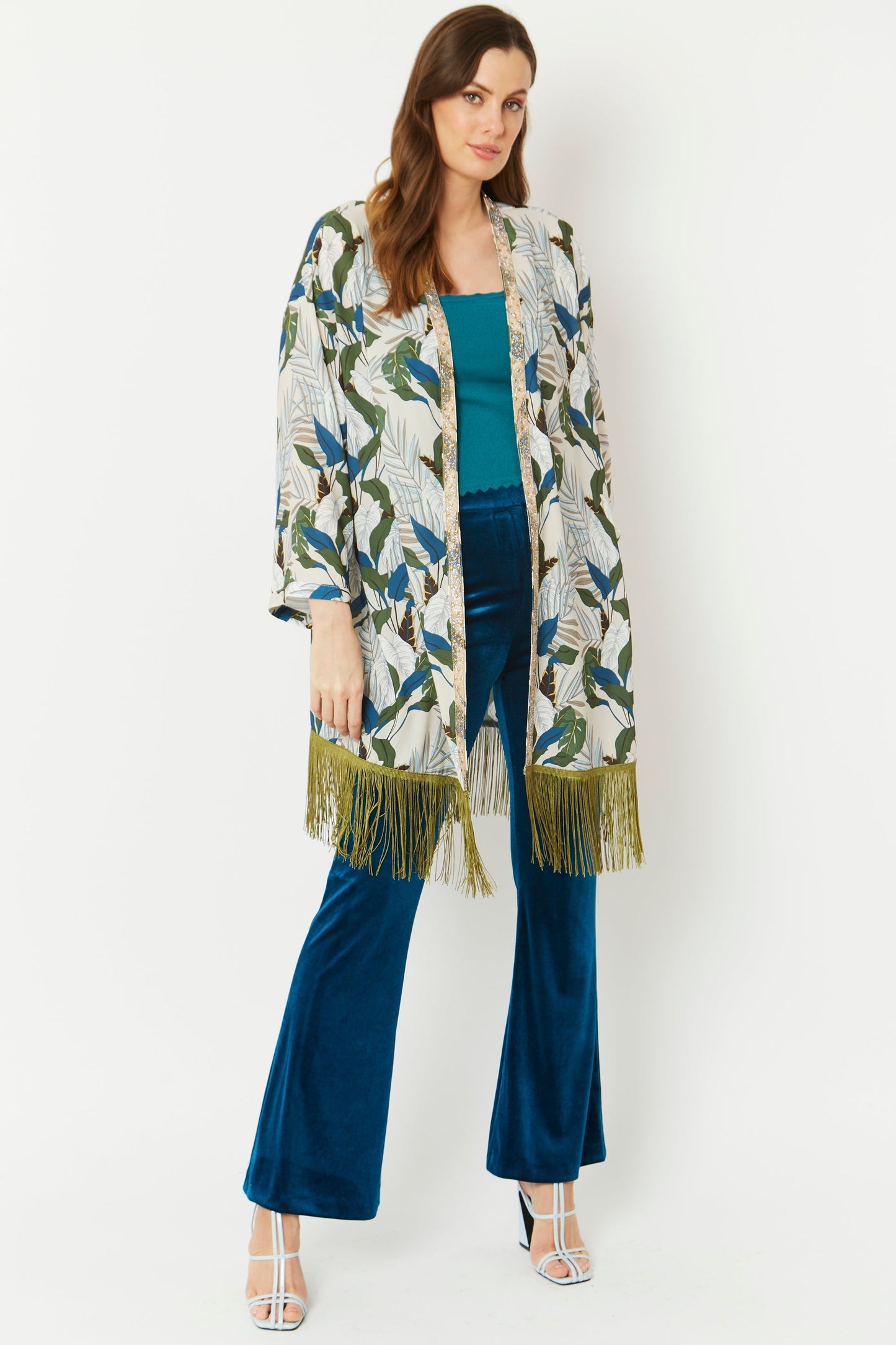 CYKM225A-07 - Silk Blend Kimono With Beaded Collar and Tassel Fringe