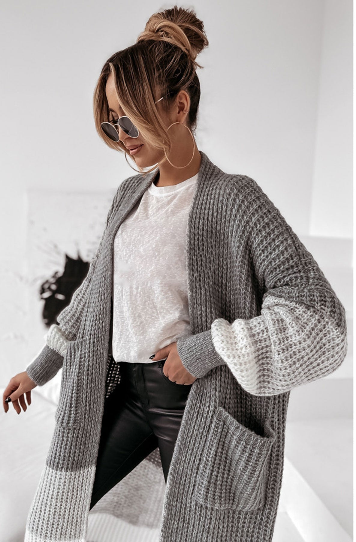 Load image into Gallery viewer, Zameka Longline Knitted Colour Block Open Cardigan-Grey
