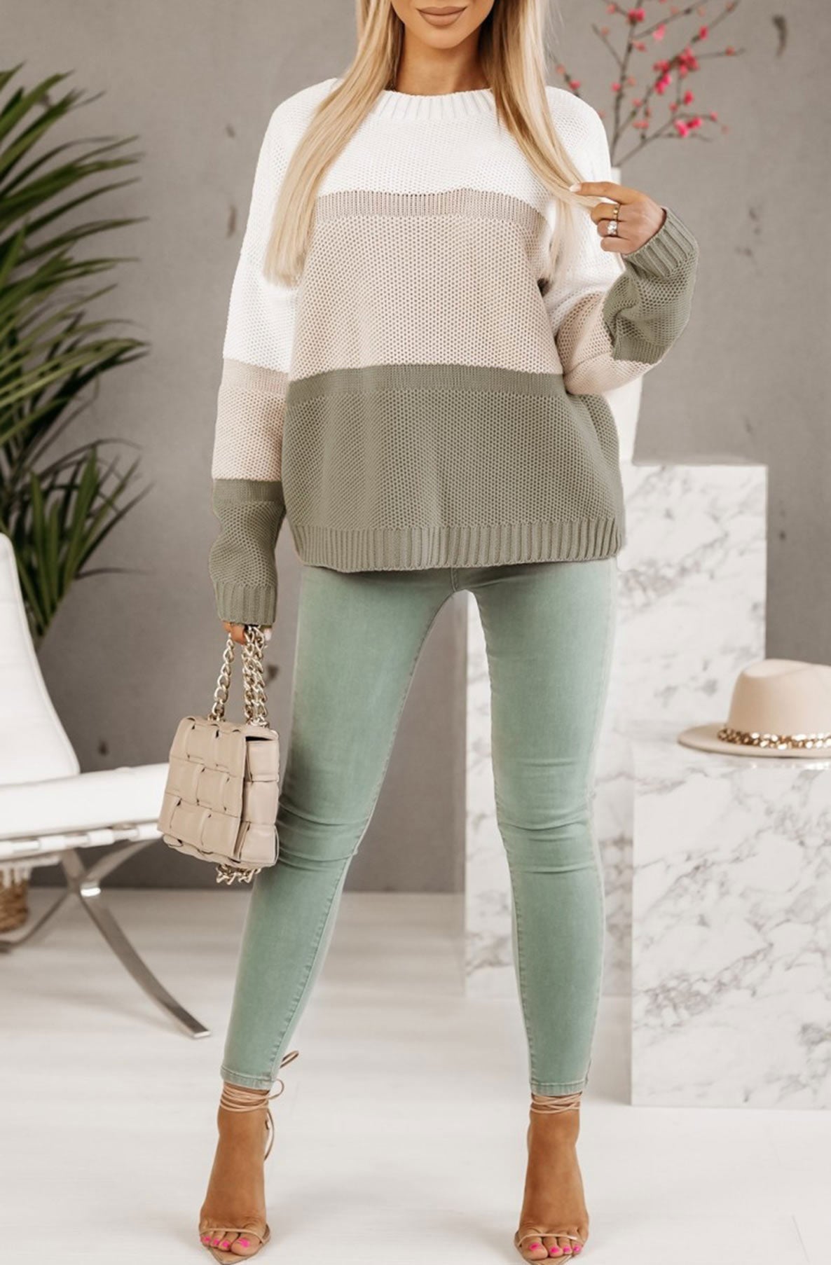 Heidi Colour Block Knitted Jumper Sweater Top-Khaki