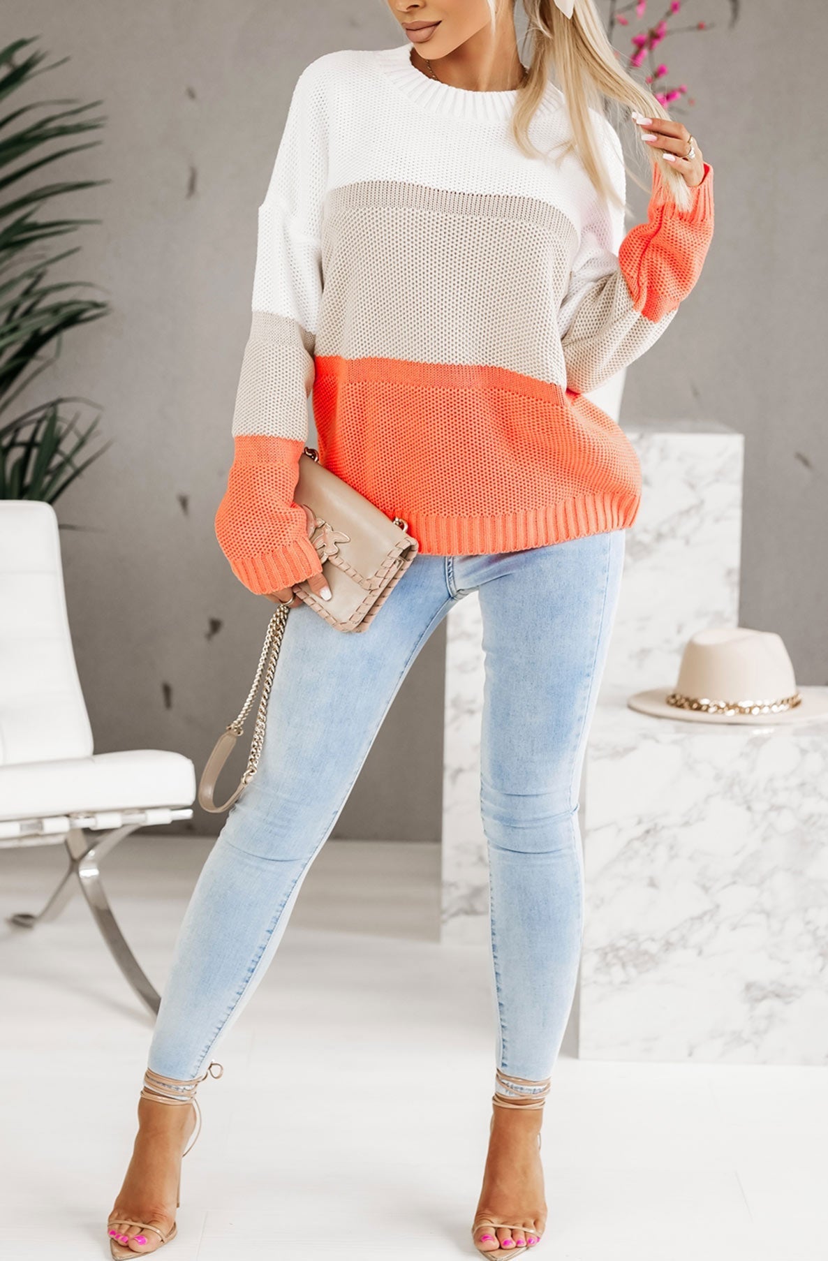 Heidi Colour Block Knitted Jumper Sweater Top-Orange