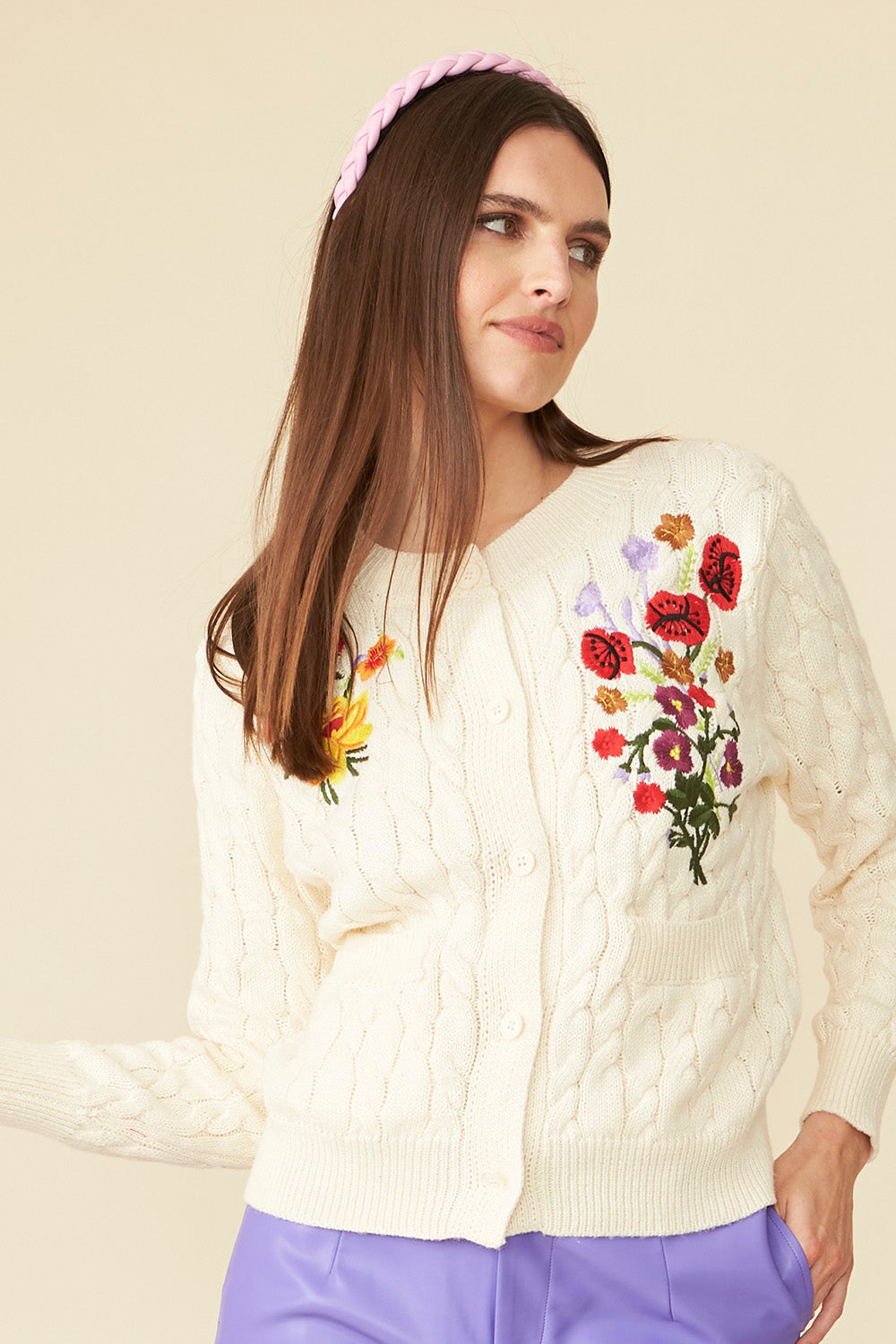KNHBC415A-02 - Banana Peel Blend Embroidered Cardigan