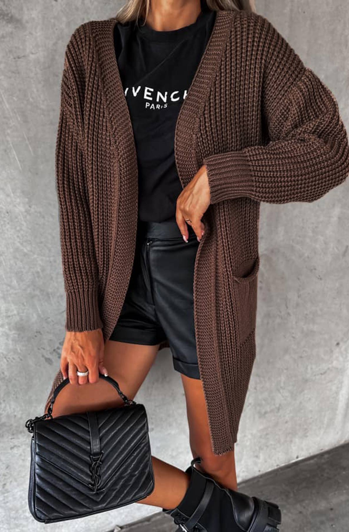 Kasha Longline Pocket Detail Knitted Cardigan-Dark Brown