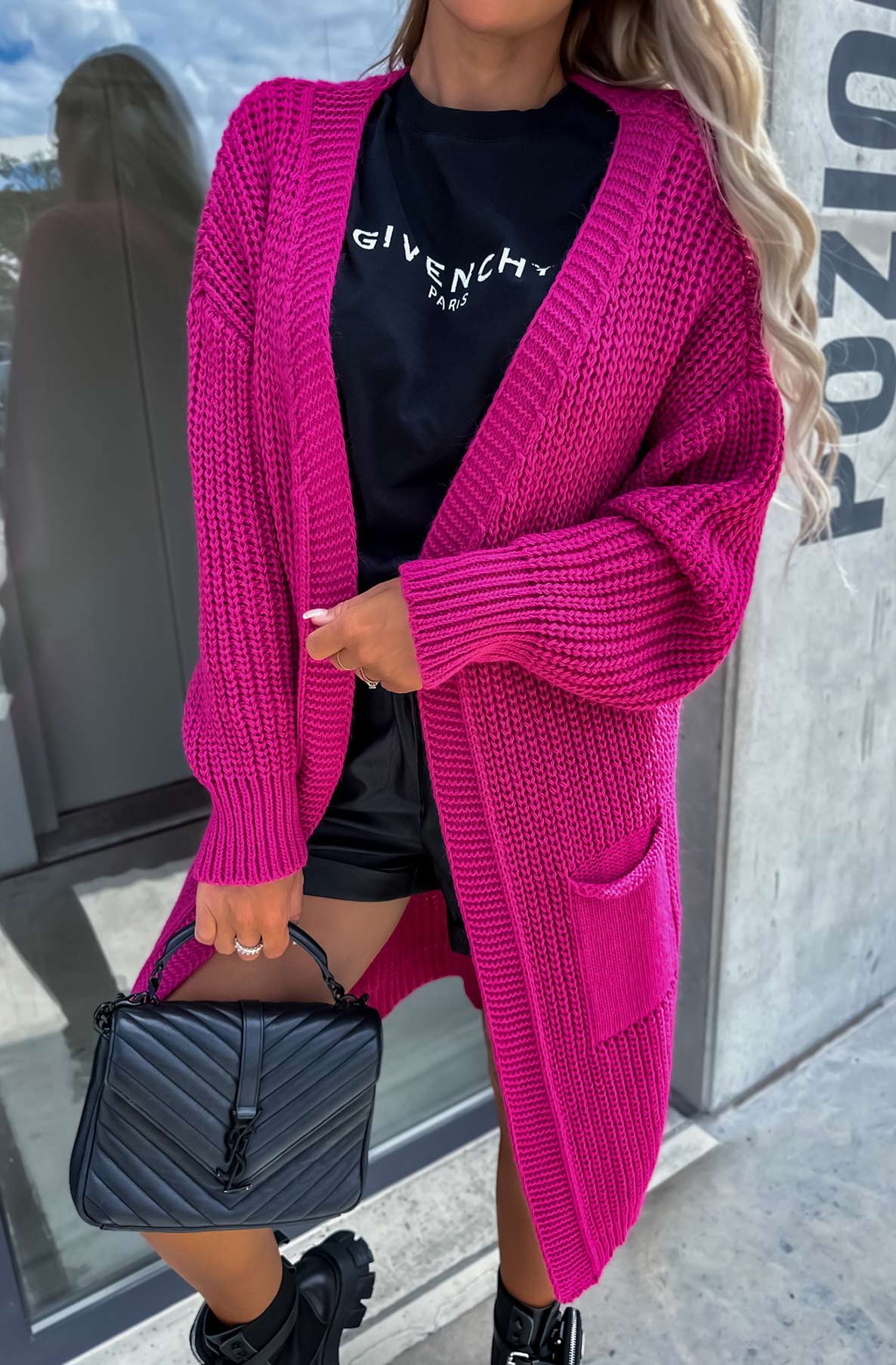 Load image into Gallery viewer, Kasha Longline Pocket Detail Knitted Cardigan-Hot Pink
