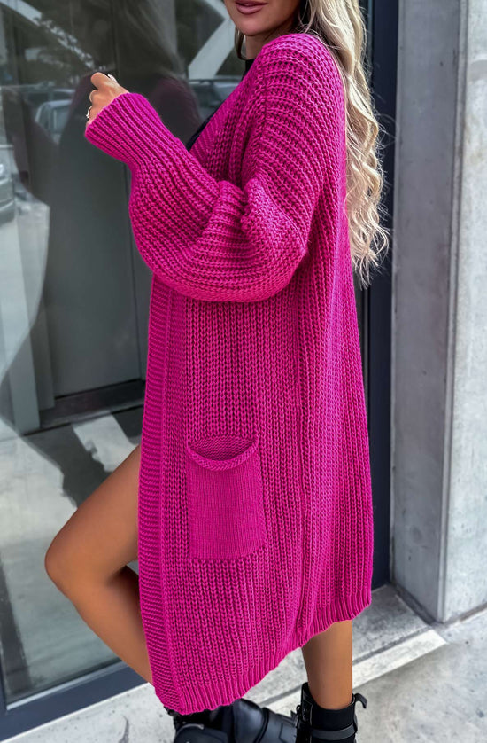 Load image into Gallery viewer, Kasha Longline Pocket Detail Knitted Cardigan-Hot Pink
