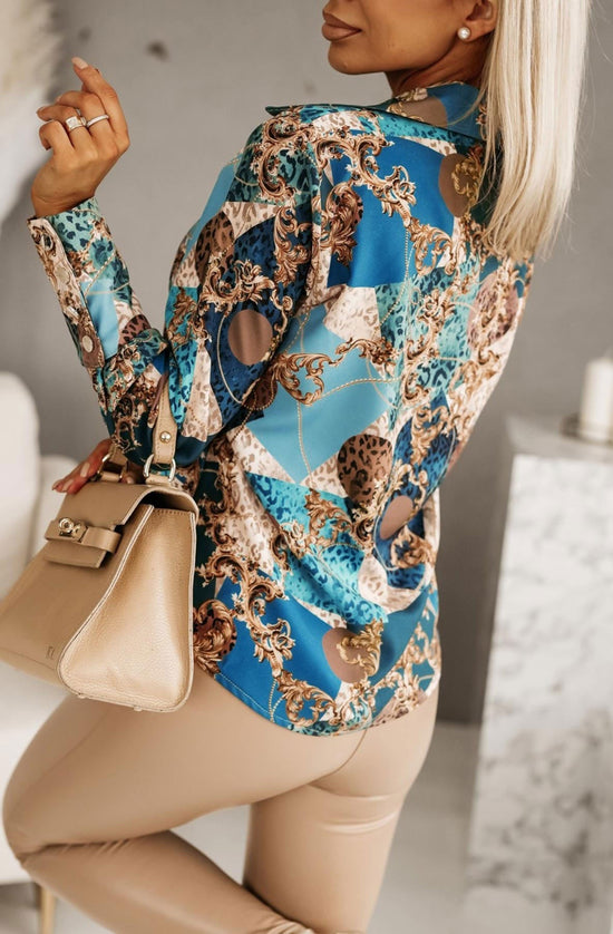 Kelsie Colour Block Animal Print Shirt Blouse Top-Blue