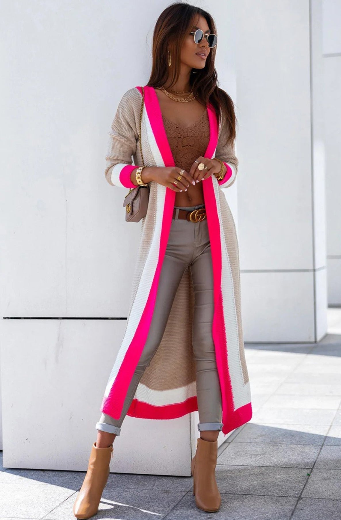 Cersei Longline Colour Block Cardigan-Hot Pink