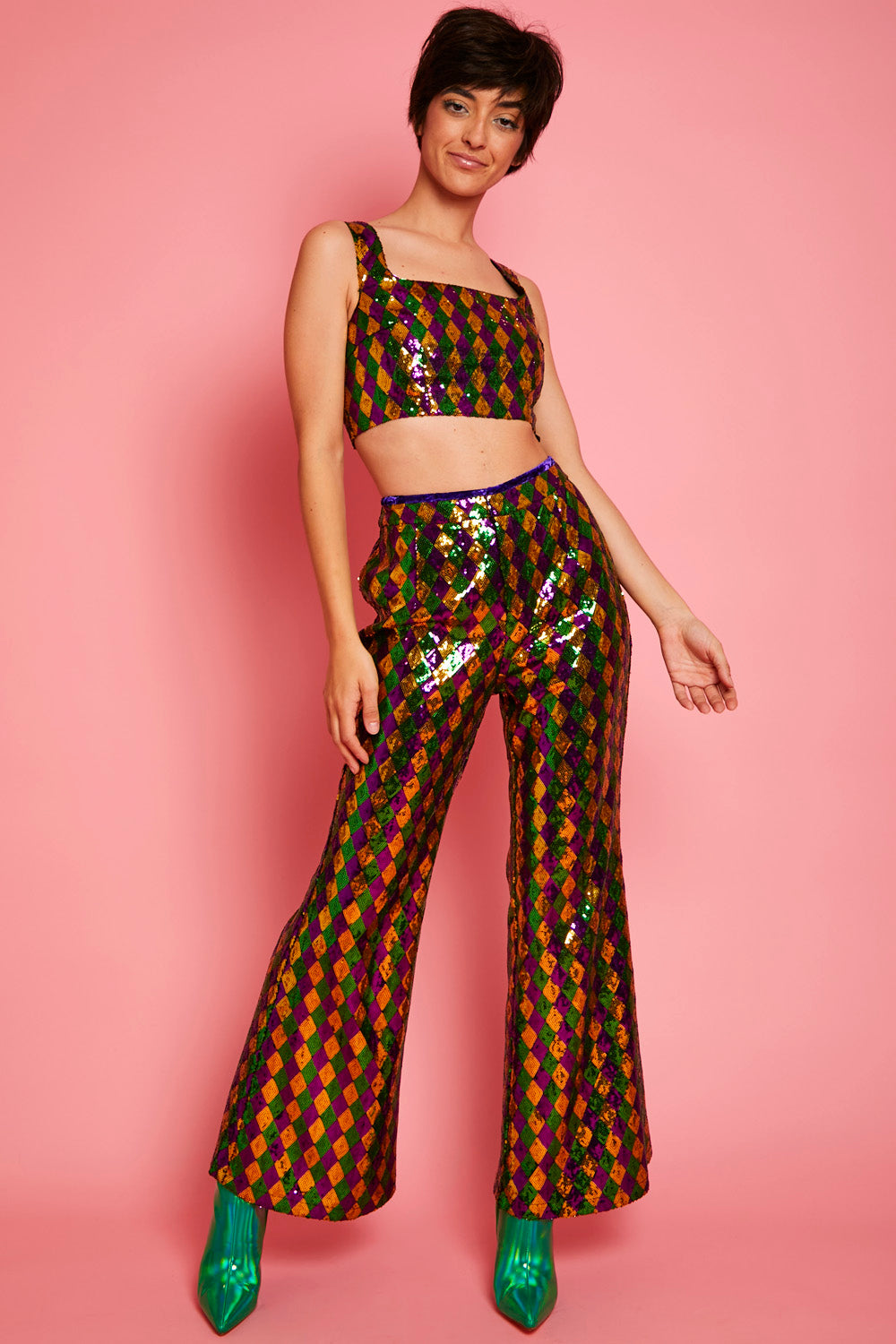 SQTS495A-07G - Bamboo Blend Sequin Harlequin Trousers