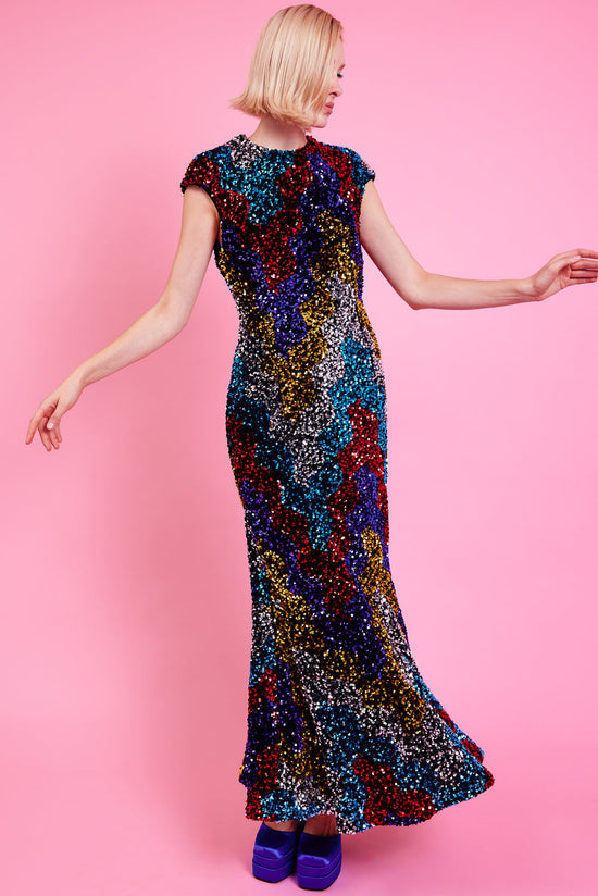 SQWD545A-MULTI - Bamboo Sequin Fishtail Maxi Dress