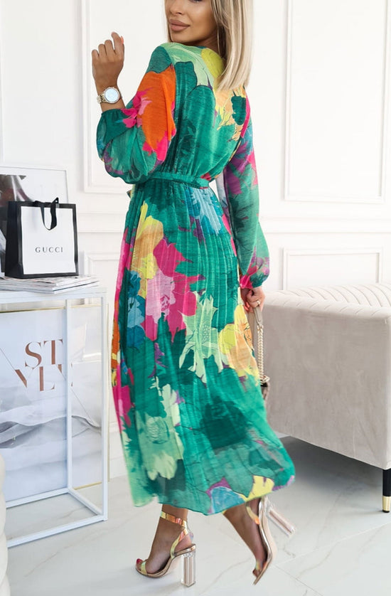Sharon Floral Chiffon Pleated Maxi Dress-Green