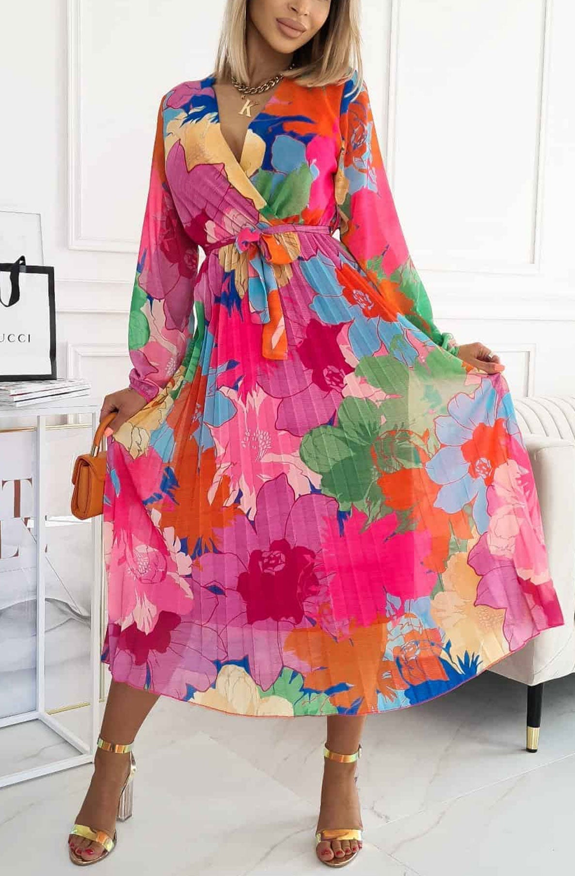 Pleated floral chiffon maxi dress Clearance