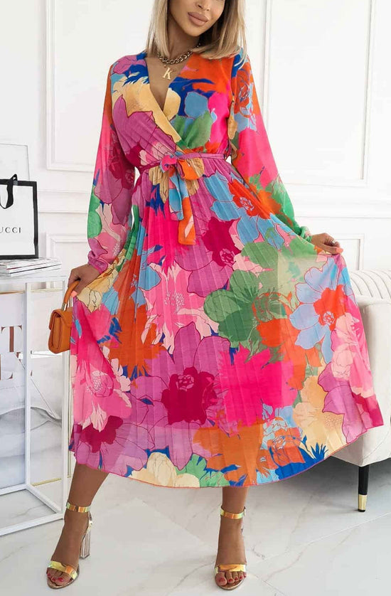Sharon Floral Chiffon Pleated Maxi Dress-Pink – style-heaven