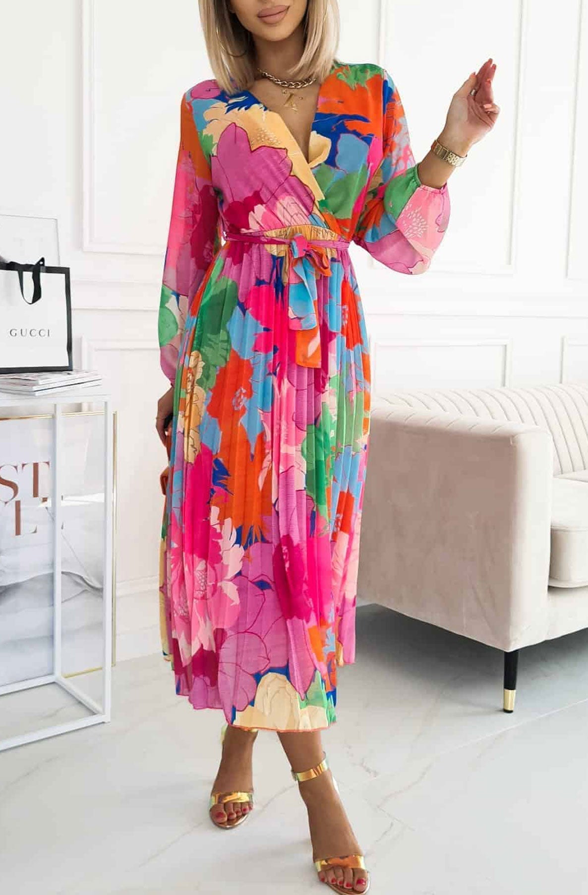 Sharon Floral Chiffon Pleated Maxi Dress-Pink