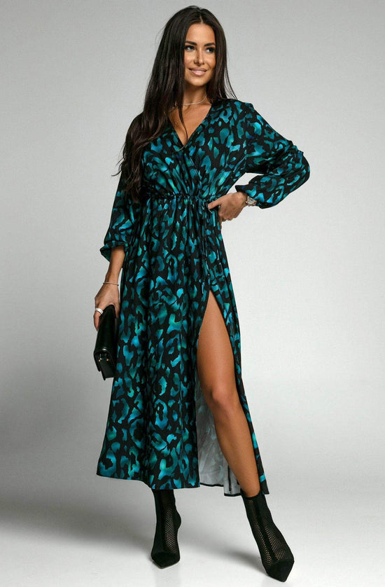 Zolana Leopard Print Side Slit Midaxi Dress-Teal