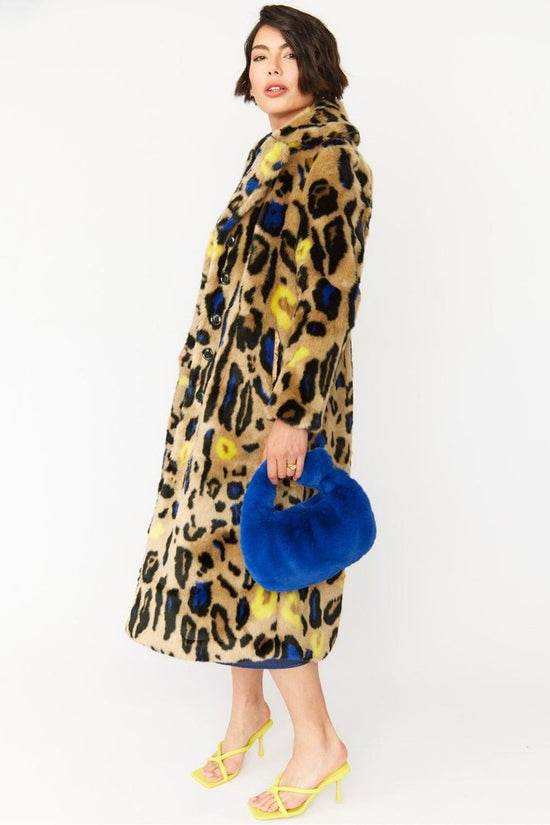 Jayley Faux Fur Leopard Print Maxi Coat in Blue/Beige - style-heaven