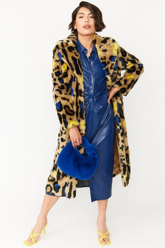Jayley Faux Fur Leopard Print Maxi Coat in Blue/Beige - style-heaven